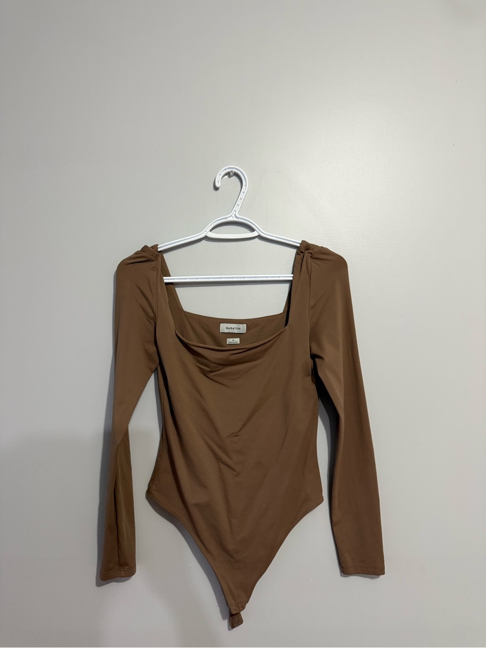 Babaton Brown Long-Sleeve Draped-Neck Bodysuit